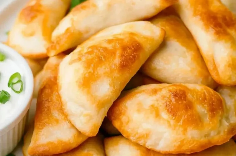 Cooked air fryer frozen pierogies on a plate garnished with herbs.