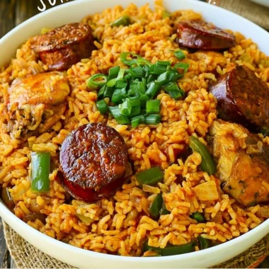 Bowl of authentic New Orleans Creole Jambalaya with colorful spices and ingredients