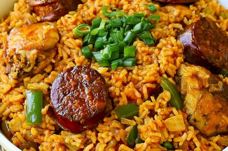 Bowl of authentic New Orleans Creole Jambalaya with colorful spices and ingredients