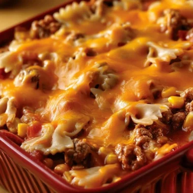 Cheddar Sloppy Joe Casserole served in a baking dish