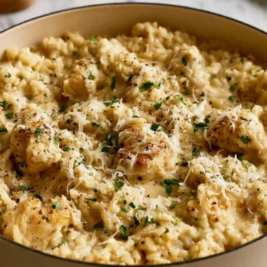 Delicious garlic parmesan chicken with rice served on a plate