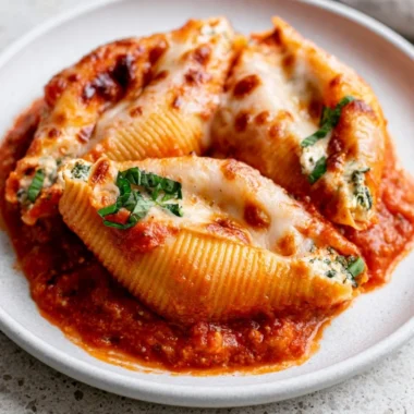 Cozy cottage cheese stuffed shells ready to enjoy, topped with marinara sauce.