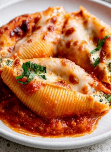 Cozy cottage cheese stuffed shells ready to enjoy, topped with marinara sauce.