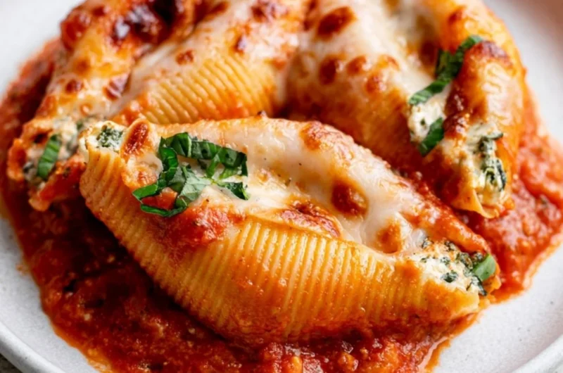 Cozy cottage cheese stuffed shells ready to enjoy, topped with marinara sauce.