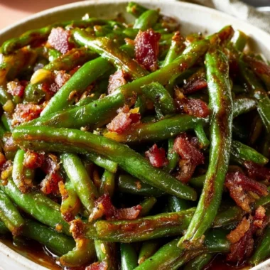 Bowl of Cozy Crack Green Beans with seasoning and toppings.