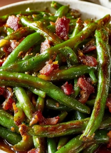 Bowl of Cozy Crack Green Beans with seasoning and toppings.