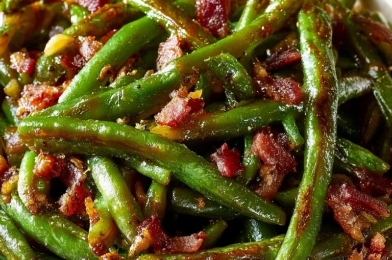 Bowl of Cozy Crack Green Beans with seasoning and toppings.
