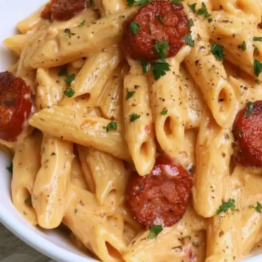 Creamy kielbasa pasta dish garnished with herbs
