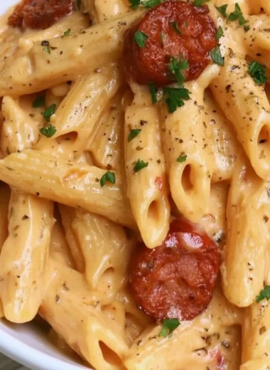 Creamy kielbasa pasta dish garnished with herbs