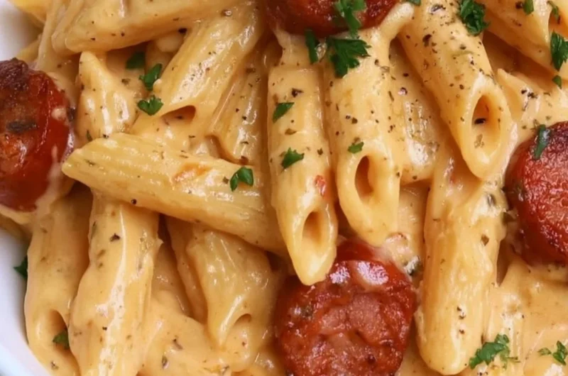 Creamy kielbasa pasta dish garnished with herbs