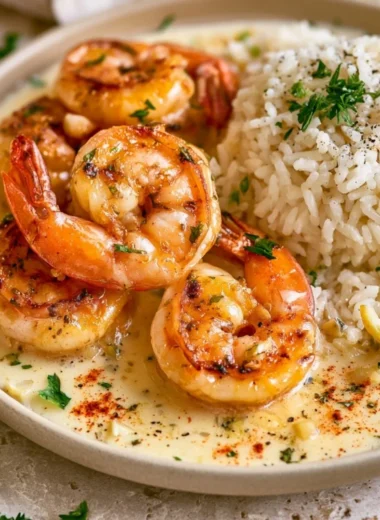 Cozy one-pan garlic butter shrimp dish served with rice