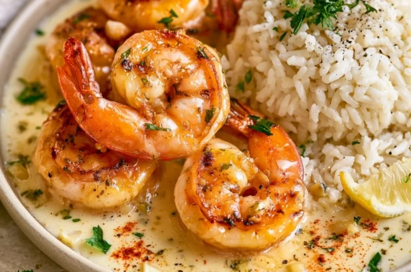 Cozy one-pan garlic butter shrimp dish served with rice