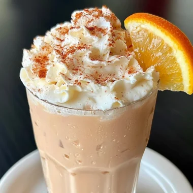Cozy orange cinnamon milk tea served in a mug with spices and orange slices.