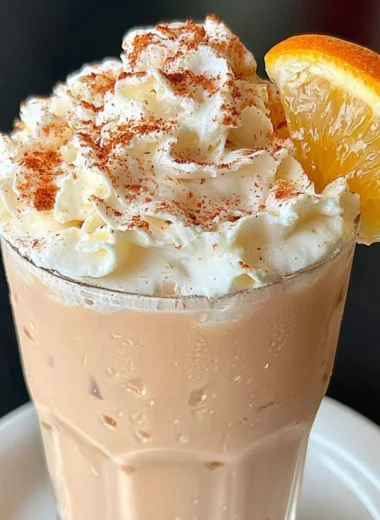 Cozy orange cinnamon milk tea served in a mug with spices and orange slices.