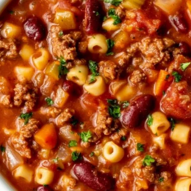 A comforting bowl of pasta and beans served with fresh herbs and cheese.