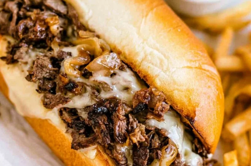 Delicious homemade Philly cheesesteak on a cutting board with fresh ingredients