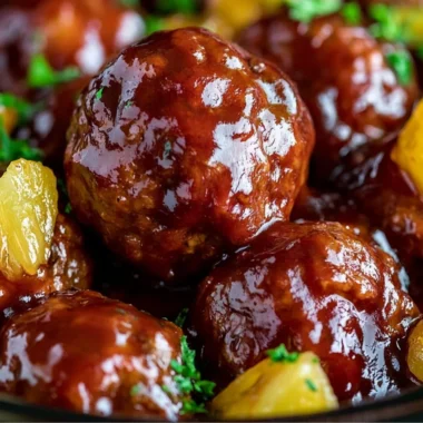 Cozy slow cooker pineapple barbecue meatballs served in a bowl