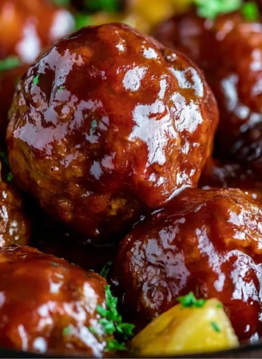 Cozy slow cooker pineapple barbecue meatballs served in a bowl