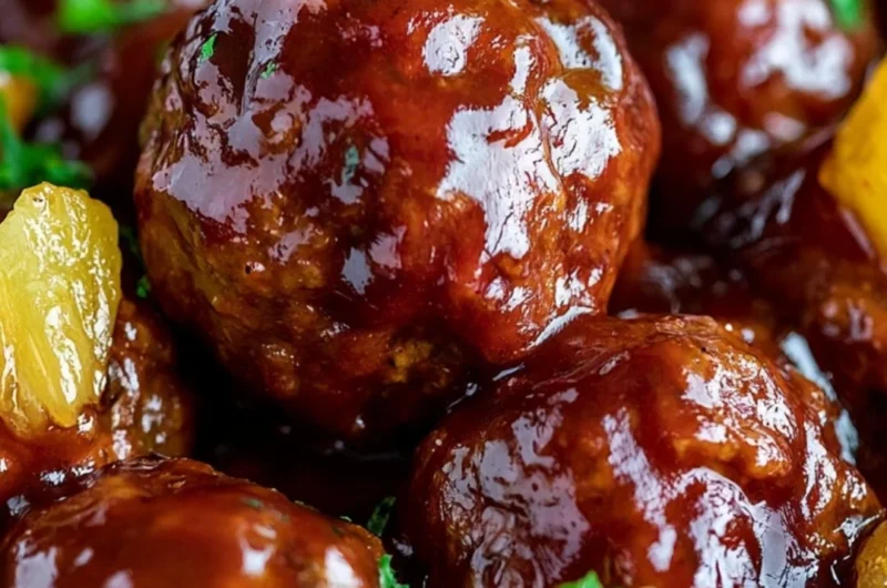 Cozy slow cooker pineapple barbecue meatballs served in a bowl