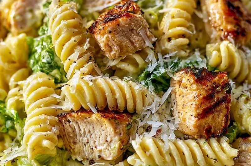 Creamy chicken caesar pasta salad garnished with fresh herbs and parmesan cheese.