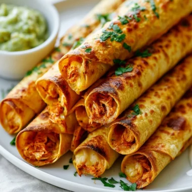Golden crispy baked chicken taquitos on a plate, garnished with fresh cilantro.