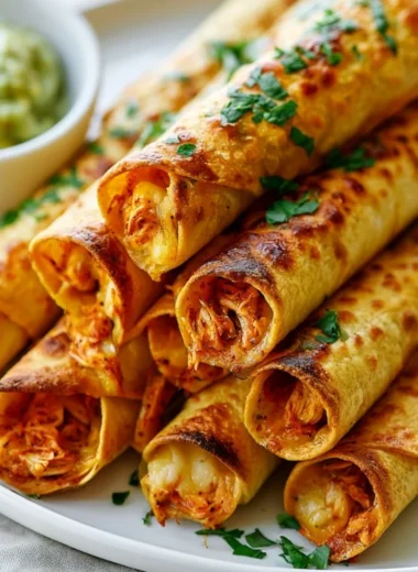 Golden crispy baked chicken taquitos on a plate, garnished with fresh cilantro.