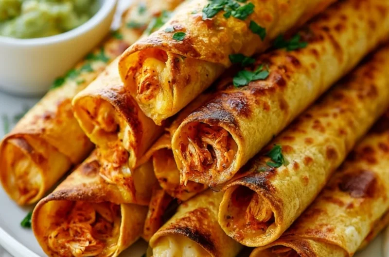 Golden crispy baked chicken taquitos on a plate, garnished with fresh cilantro.