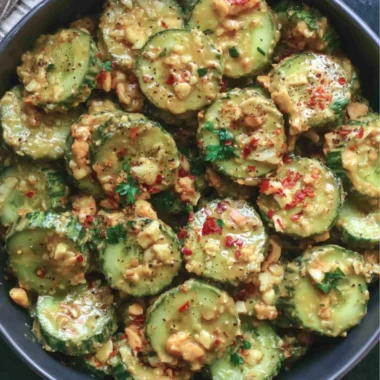 Fresh cucumber salad drizzled with peanut sauce in a bowl