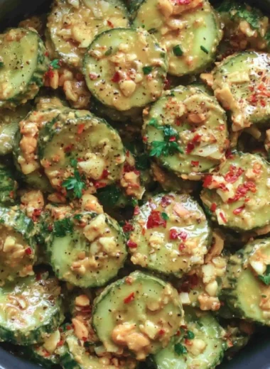 Fresh cucumber salad drizzled with peanut sauce in a bowl
