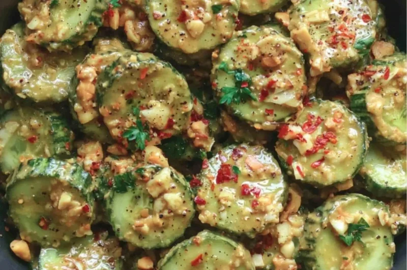 Fresh cucumber salad drizzled with peanut sauce in a bowl