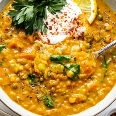 A bowl of Detox Turmeric Lentil Soup rich in spices and lentils.