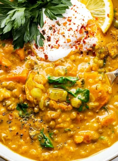 A bowl of Detox Turmeric Lentil Soup rich in spices and lentils.