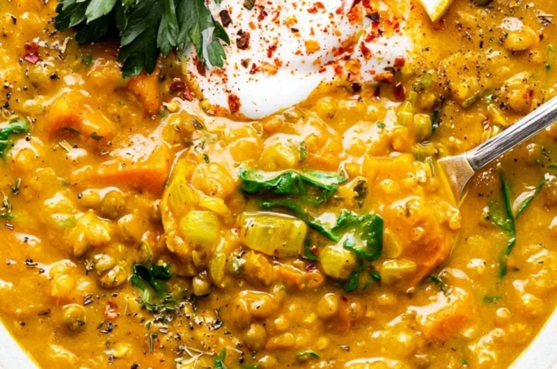 A bowl of Detox Turmeric Lentil Soup rich in spices and lentils.