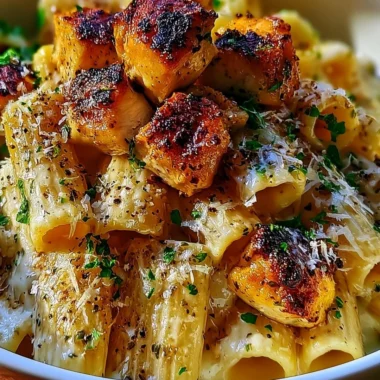 Delicious Garlic Butter Chicken served with rigatoni pasta and grated Parmesan cheese.