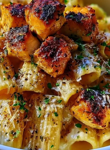 Delicious Garlic Butter Chicken served with rigatoni pasta and grated Parmesan cheese.