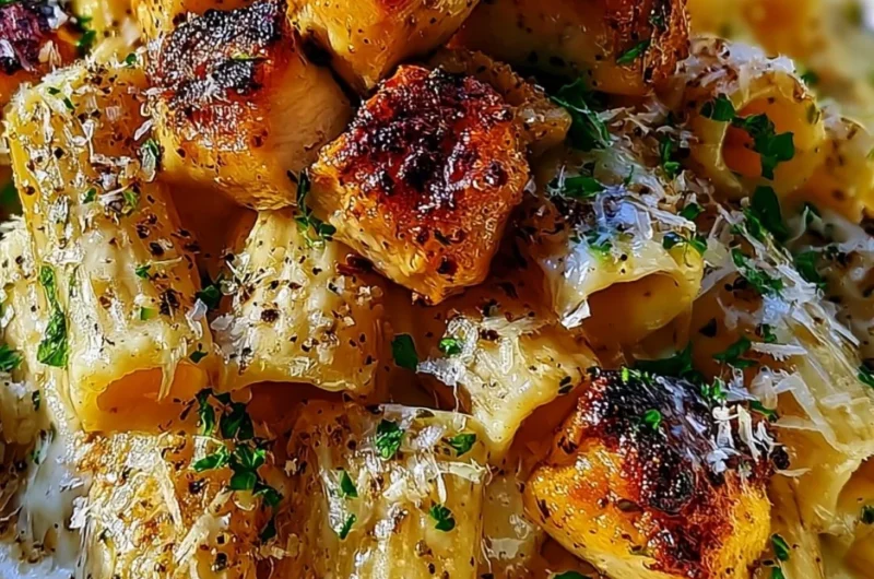 Delicious Garlic Butter Chicken served with rigatoni pasta and grated Parmesan cheese.