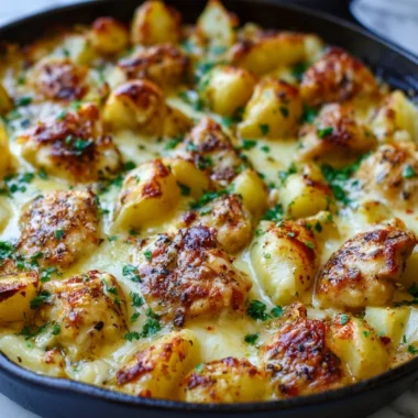 Baked Garlic Parmesan Chicken with crispy potatoes on a white plate