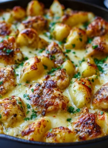 Baked Garlic Parmesan Chicken with crispy potatoes on a white plate
