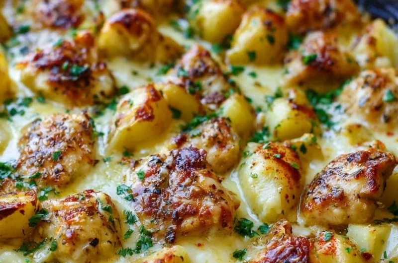 Baked Garlic Parmesan Chicken with crispy potatoes on a white plate