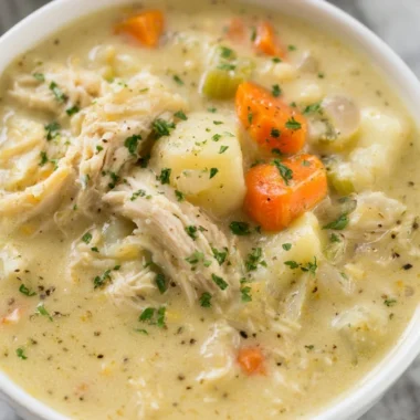 Healthy chicken pot pie soup in a bowl, garnished with herbs and veggies.