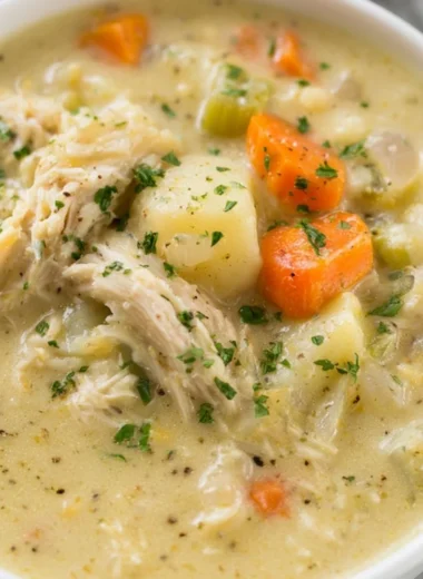 Healthy chicken pot pie soup in a bowl, garnished with herbs and veggies.