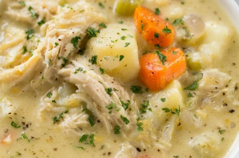 Healthy chicken pot pie soup in a bowl, garnished with herbs and veggies.