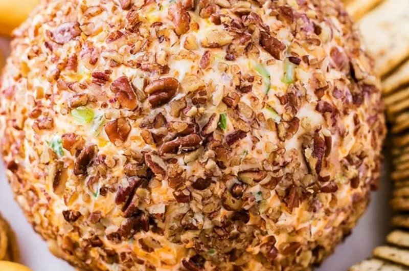 Delicious holiday cheese ball garnished with herbs and nuts