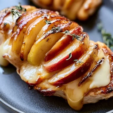Maple glazed apple and brie stuffed chicken dish garnished and ready to serve.