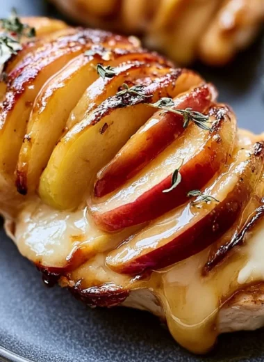 Maple glazed apple and brie stuffed chicken dish garnished and ready to serve.