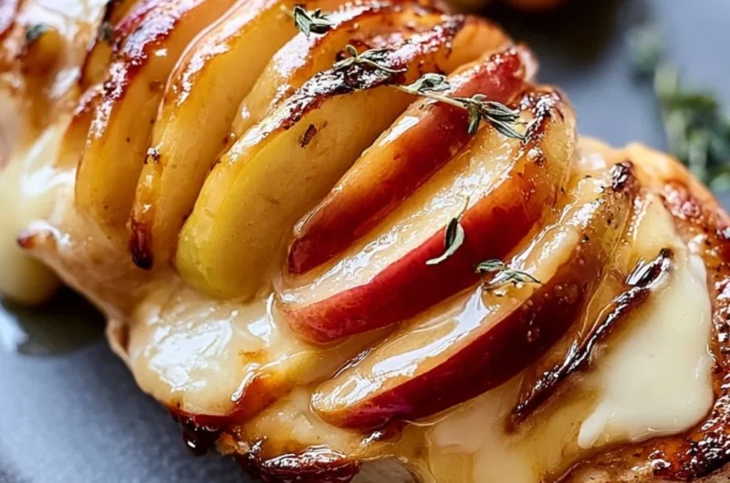 Maple glazed apple and brie stuffed chicken dish garnished and ready to serve.