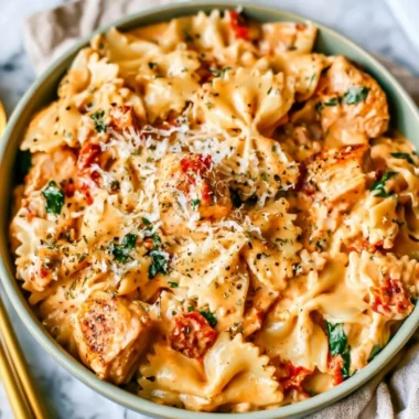 Delicious Marry Me Chicken Pasta served on a plate with herbs and toppings.