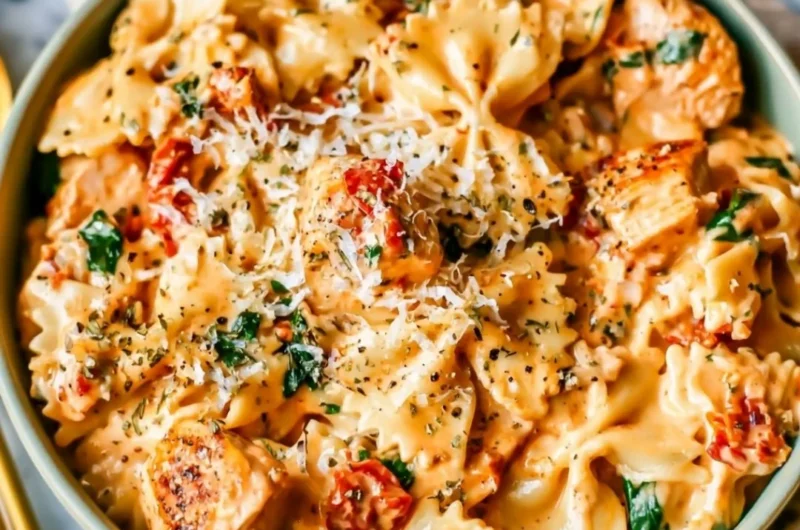 Delicious Marry Me Chicken Pasta served on a plate with herbs and toppings.