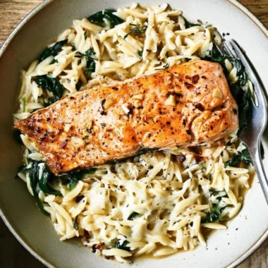 One skillet salmon dish with lemon orzo, healthy dinner recipe