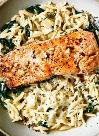 One skillet salmon dish with lemon orzo, healthy dinner recipe